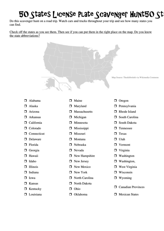50 States License Plate Scavenger Hunt Worksheet Template Printable Pdf 