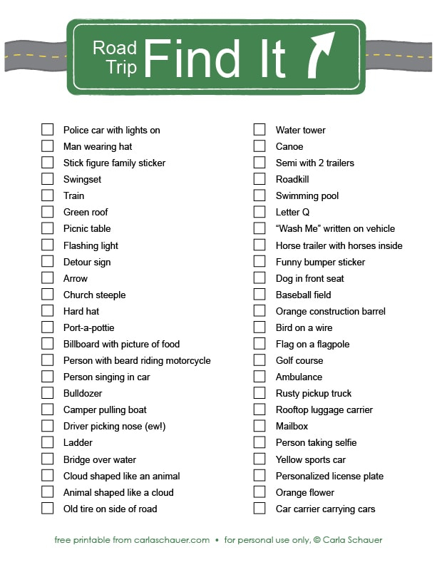 Car Ride Scavenger Hunt Free Printable