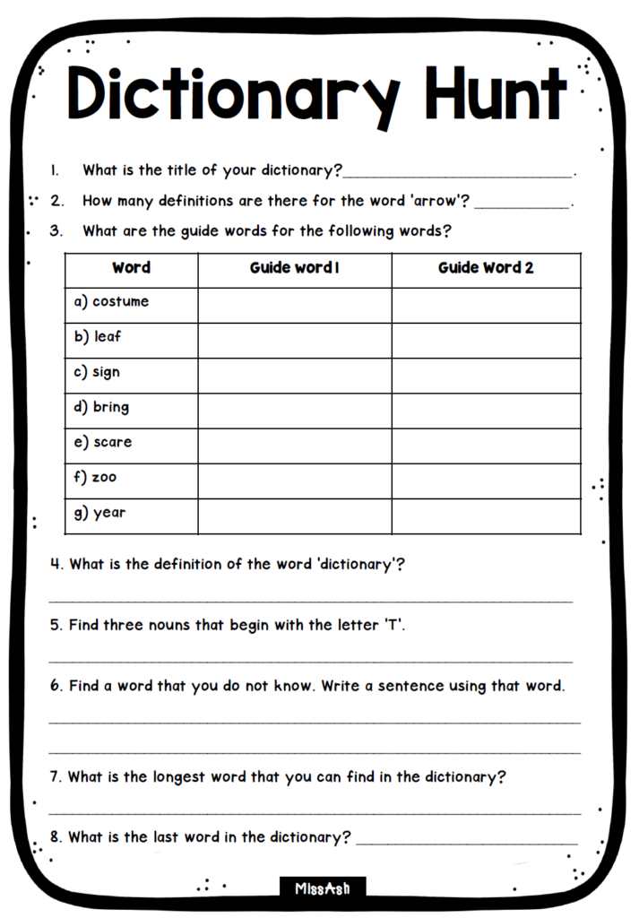 Dictionary Scavenger Hunt Worksheet
