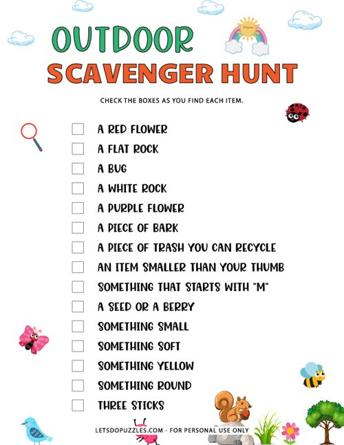 Outdoor Scavenger Hunt Game Printable