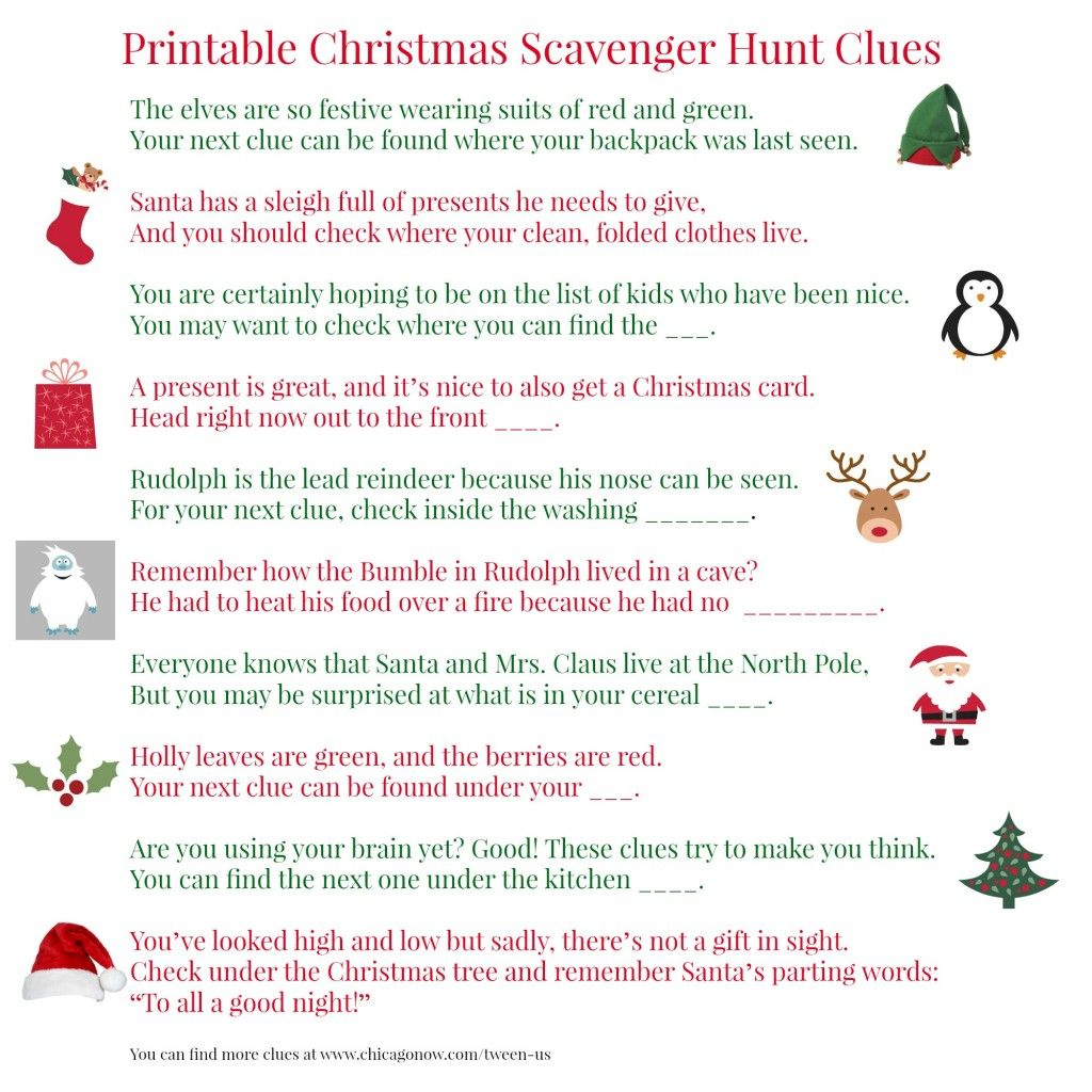 Printable Christmas Scavenger Hunt Clues For Present Finding Fun 