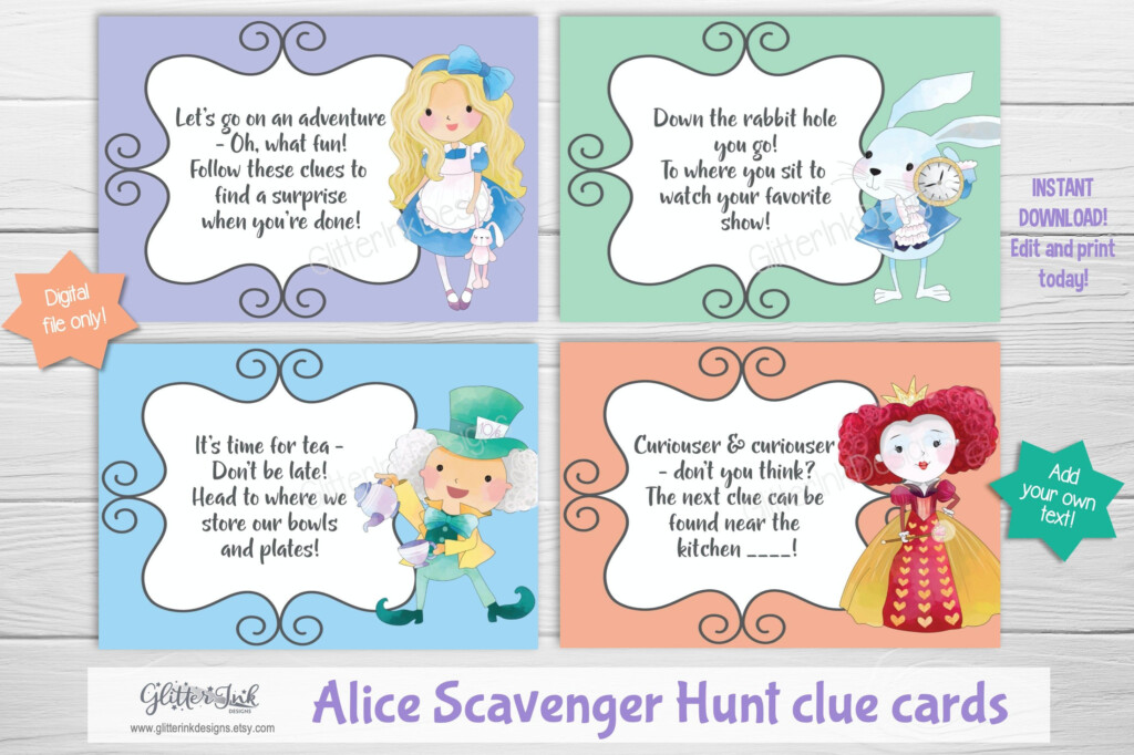 Alice In Wonderland Mad Hatter Tea Party Scavenger Hunt Clue Cards 