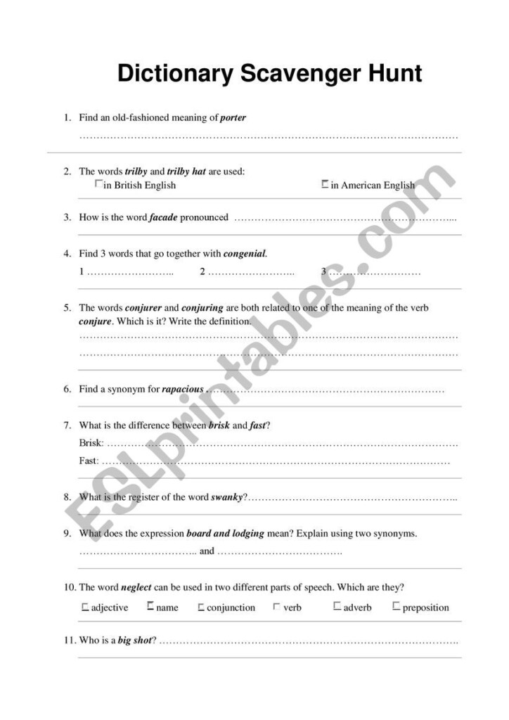 Dictionary Scavenger Hunt ESL Worksheet By Cassiopea72