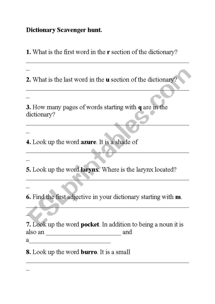Dictionary Scavenger Hunt ESL Worksheet By Marazz