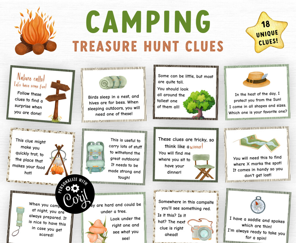 Editable Camping Scavenger Hunt For Kids Outdoor Treasure Hunt Clues 