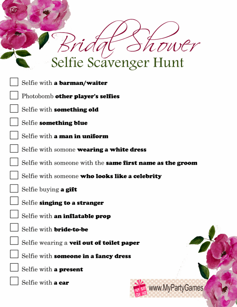 Free Printable Bridal Shower Selfie Scavenger Hunt
