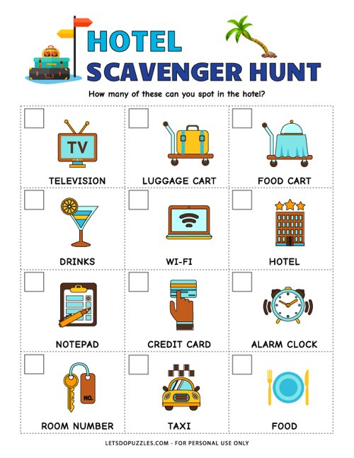 Free Printable Hotel Scavenger Hunt For Kids