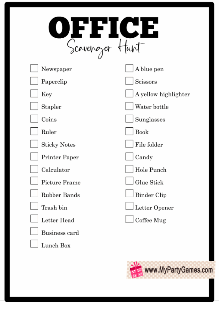 Free Printable Office Scavenger Hunt Game