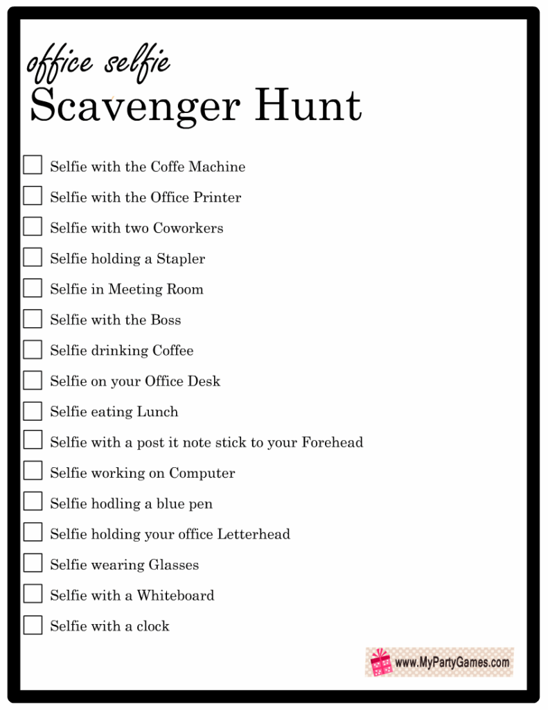 Free Printable Office Selfie Scavenger Hunt Game