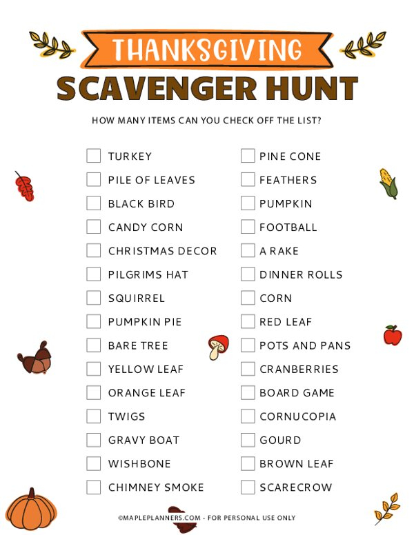 Free Printable Thanksgiving Scavenger Hunt
