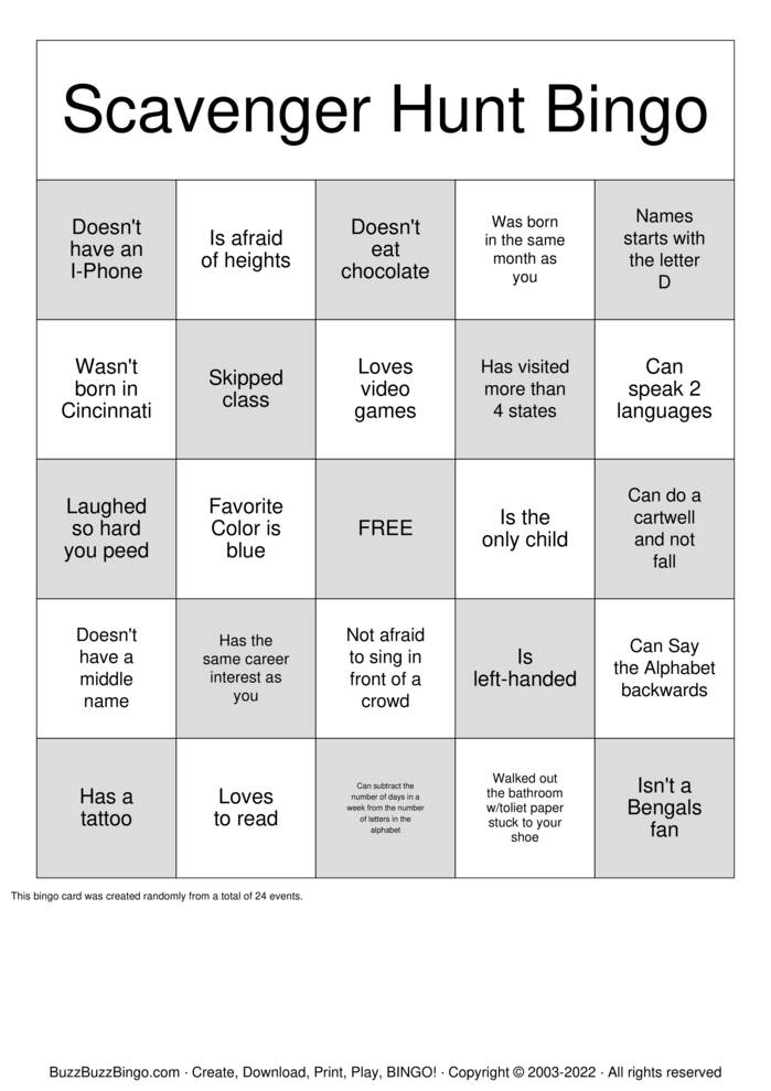 Human Scavenger Hunt Bingo Cards To Download Print And Customize 
