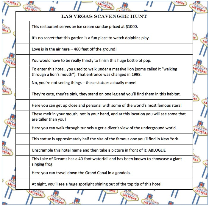 Las Vegas Scavenger Hunt Free Bachelorette Party Printables 