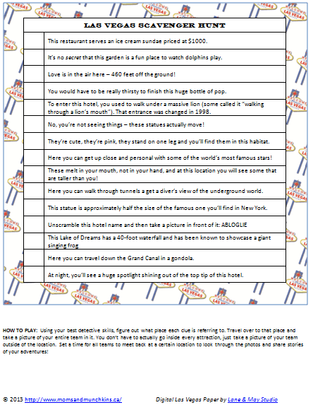 Las Vegas Scavenger Hunt Free Printable Moms Munchkins