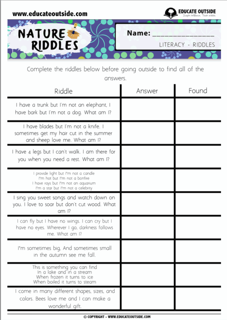 Nature Riddles Scavenger Hunt Educate Outside Outdoor Lesson Ideas 