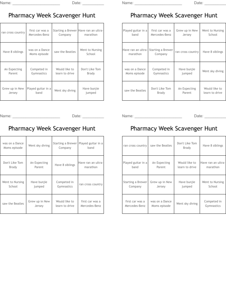 Pharmacy Week Scavenger Hunt Bingo Cards WordMint