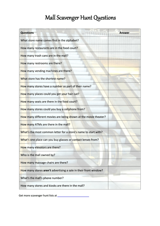 Printable Mall Scavenger Hunt