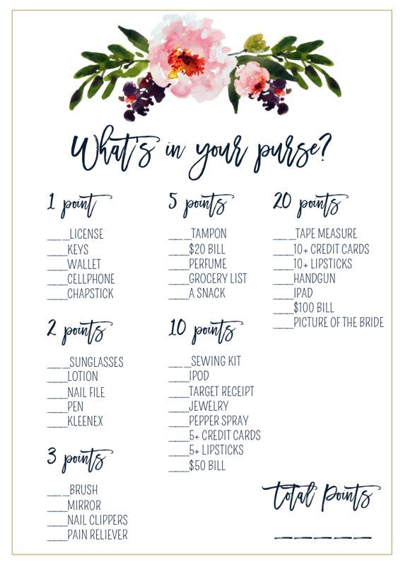 Printable Purse Scavenger Hunt Bridal Shower Game Floral Navy What 