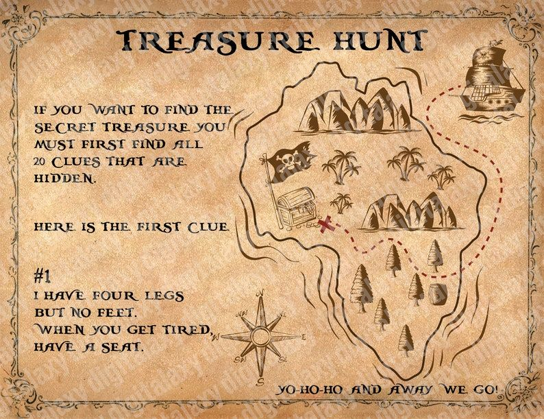 Printable Treasure Hunt Map And Clues Scavenger Hunt Etsy Treasure 