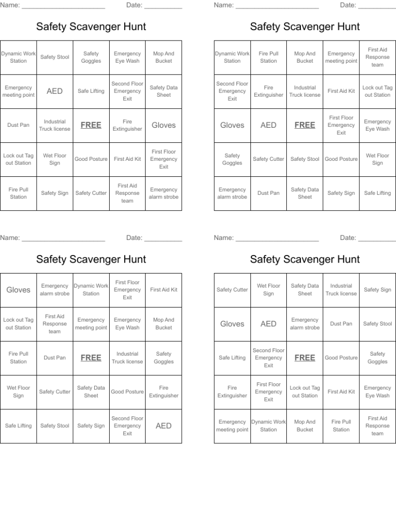 Safety Scavenger Hunt Bingo Cards WordMint