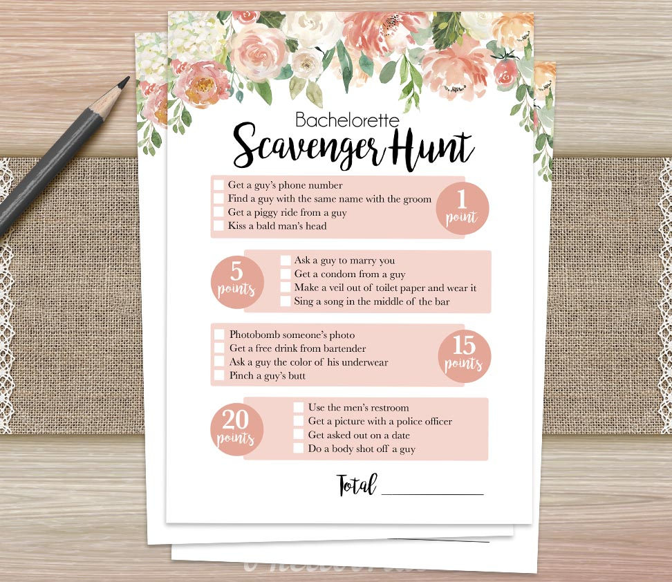 Scavenger Hunt Peach Floral Bridal Shower Game Printable