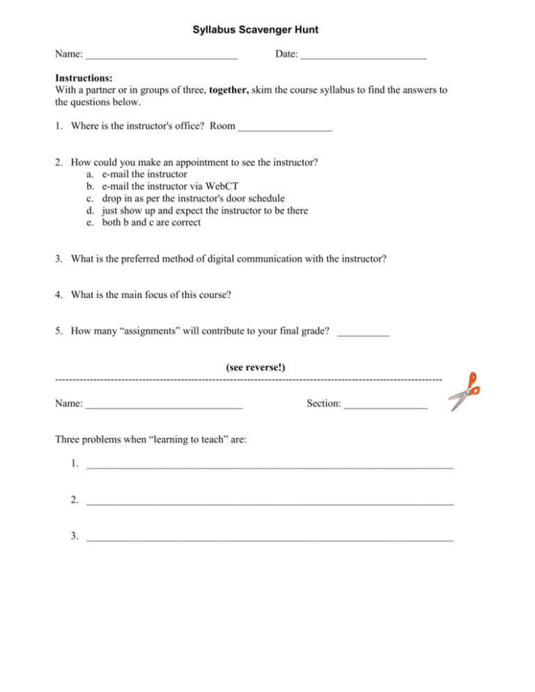 Syllabus Scavenger Hunt Worksheet