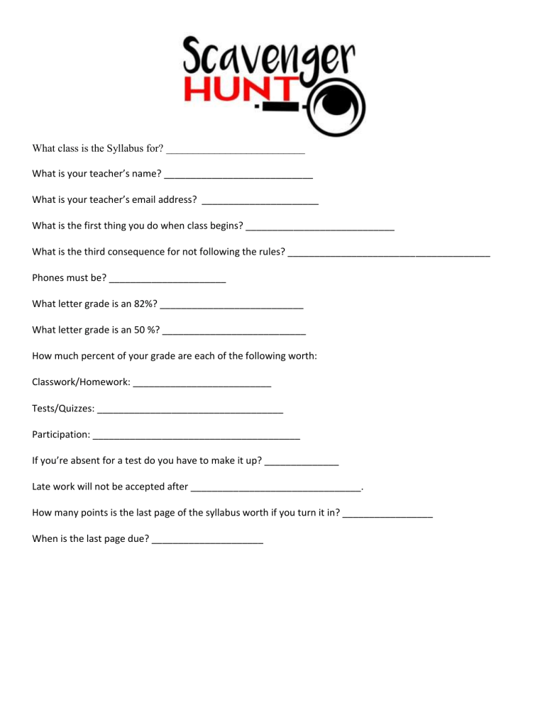 Syllabus Scavenger Hunt Worksheet