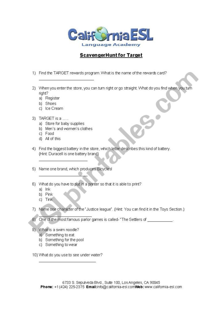 TARGET Scavenger Hunt ESL Worksheet By Aolgun