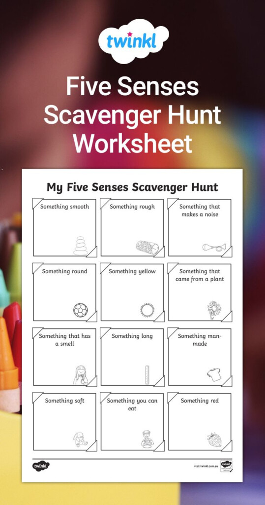 The Five Senses Scavenger Hunt Worksheet Is Shown In Front Of A 