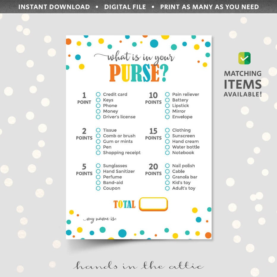 Whats In Your Purse Scavenger Hunt Game Count Points In Your Etsy