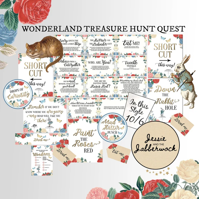 Wonderland Treasure Hunt Clue Set Alice In Wonderland Scavenger Quest 